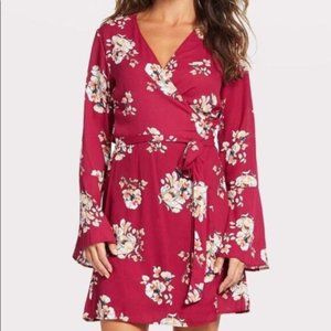 ALLISON JOY Floral Wrap Dress // Dark Red // Long Bell Sleeves, Midlength Size L